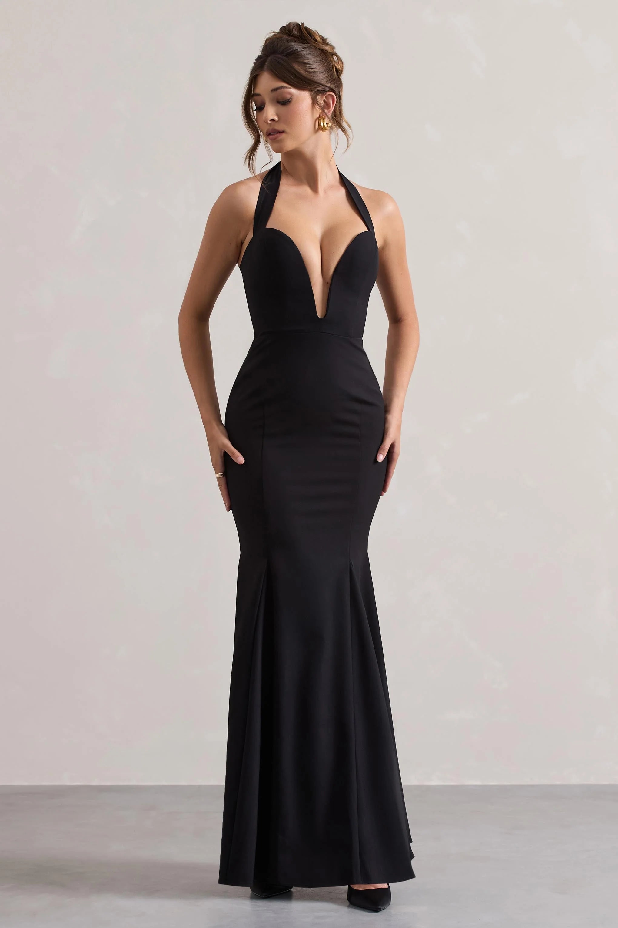 Plaza Black Plunge Halter Neck Fishtail Maxi Dress