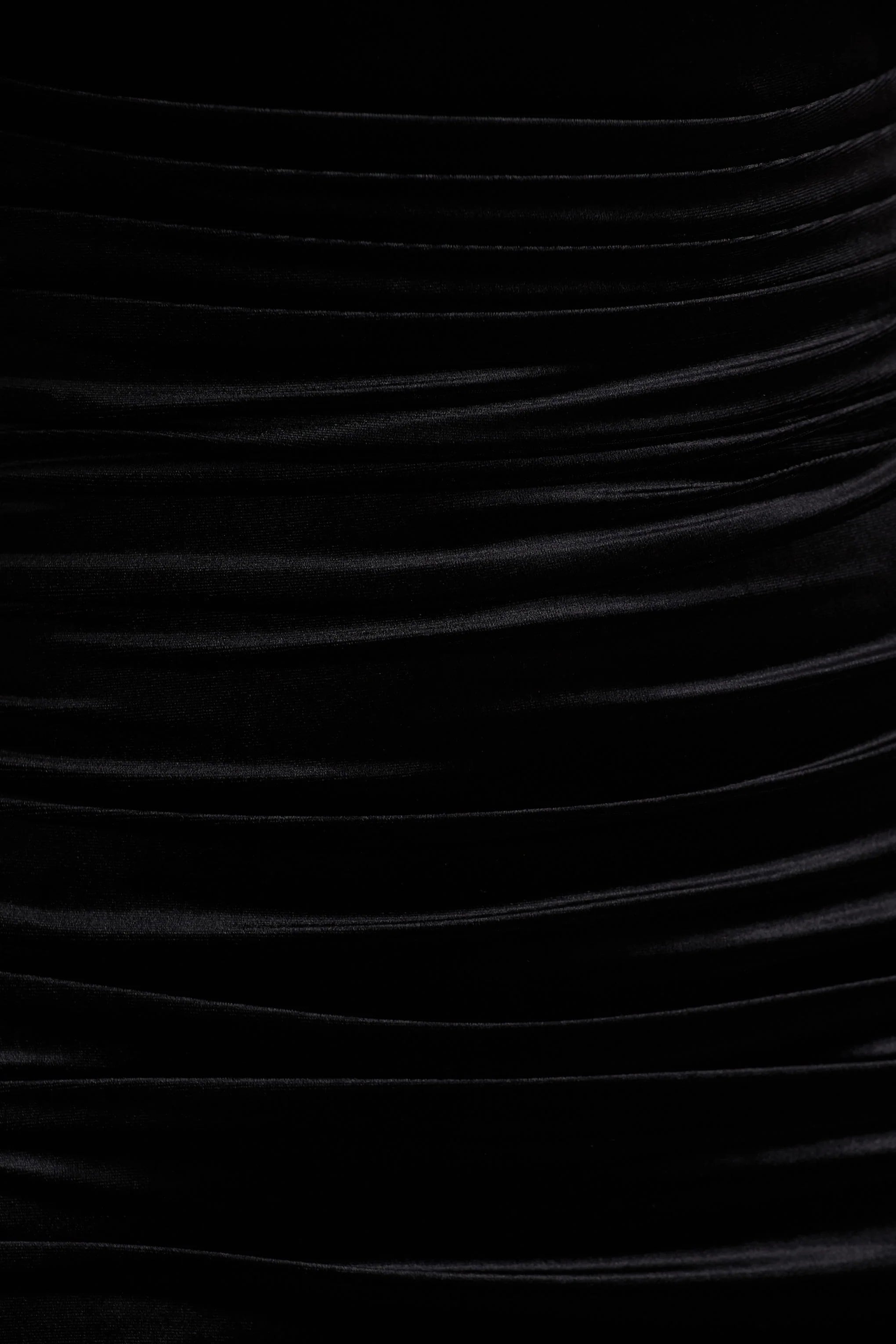 Chrissy Black Velvet Square Neck Midi Dress With Mesh Sleeves And Ruched Detailing