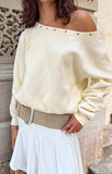 Bambi Cream Asymmetric Neckline Eyelet Sweater