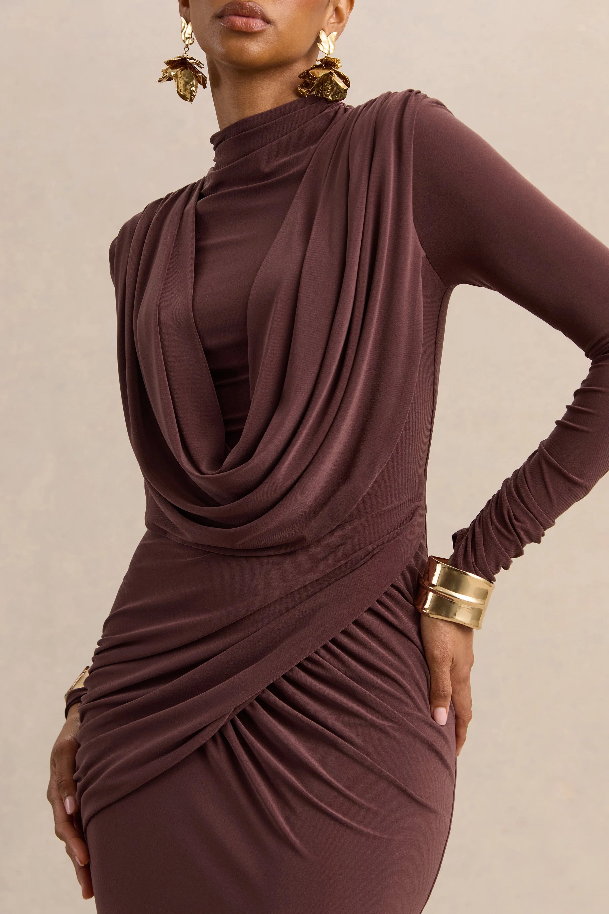 Karinthia Brown High Neck Maxi Dress With Draped Detailing