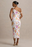 Nora Peach And Lilac Floral Twisted Asymmetric Midi Dress