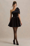 Keeley Black Asymmetric Neck Velvet Mini Dress With Bow Detail