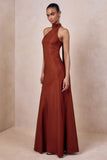 Cara Rust Matte Satin High Neck Maxi Dress
