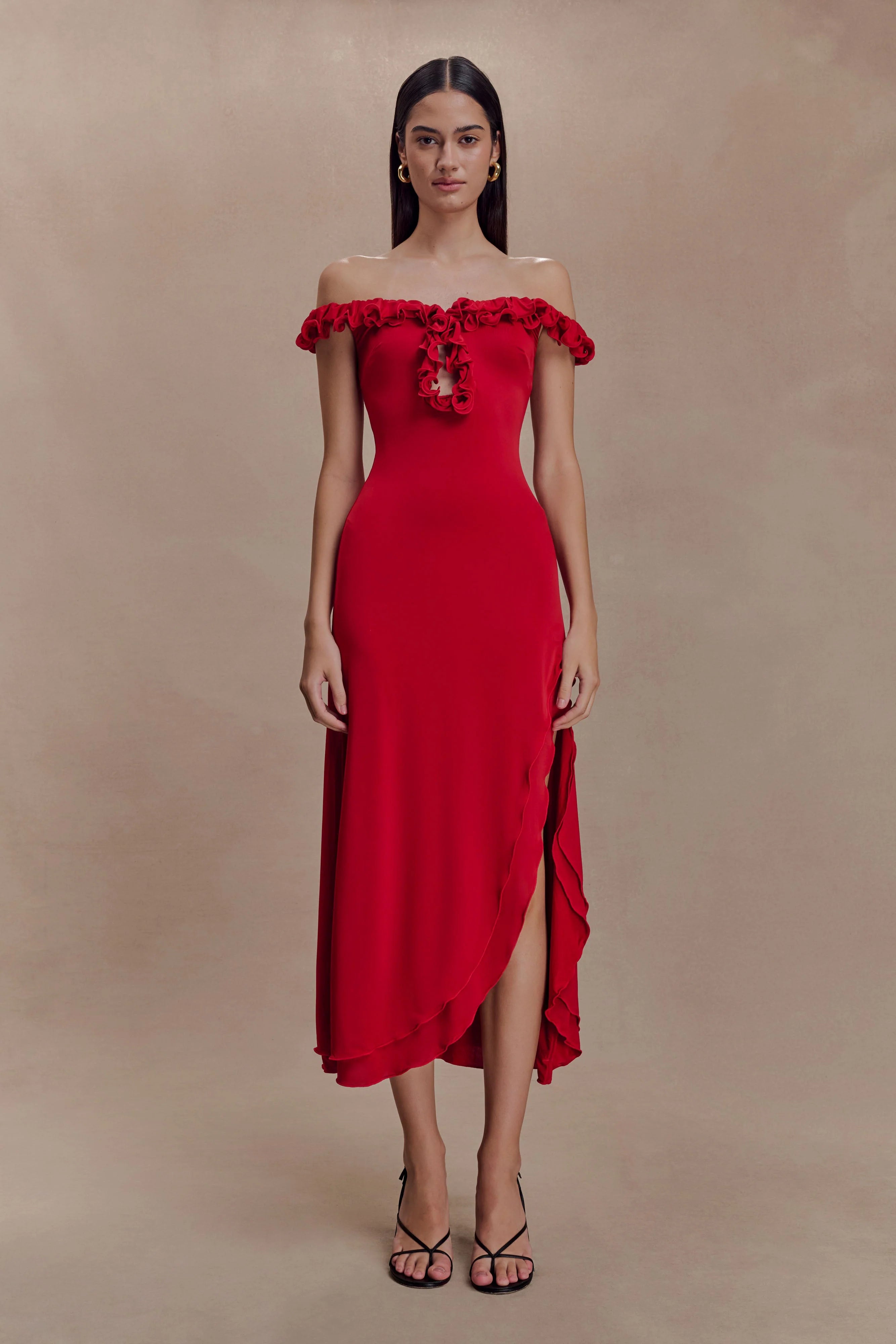Allegra Off Shoulder Ruffle Midi Dress Ruby