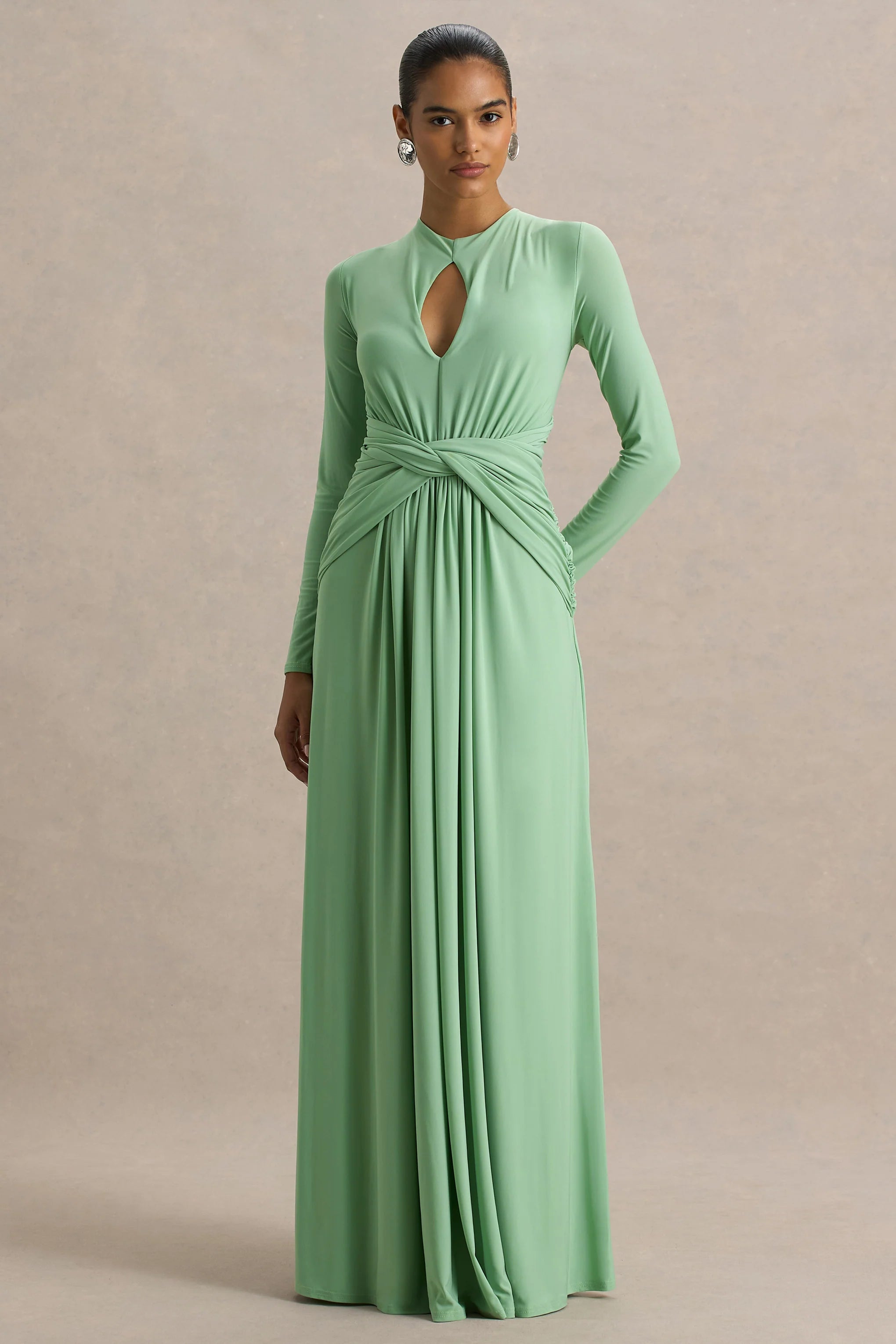 With Me Green High Neck Maxi Dress With Ruched Detailing