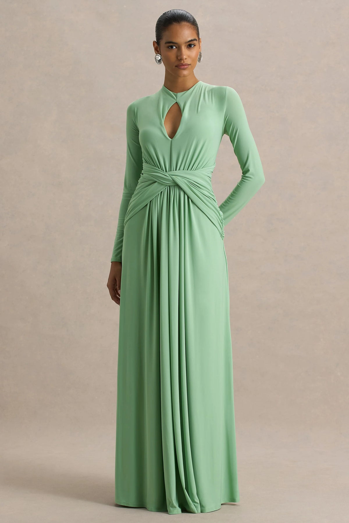 With Me Green High Neck Maxi Dress With Ruched Detailing
