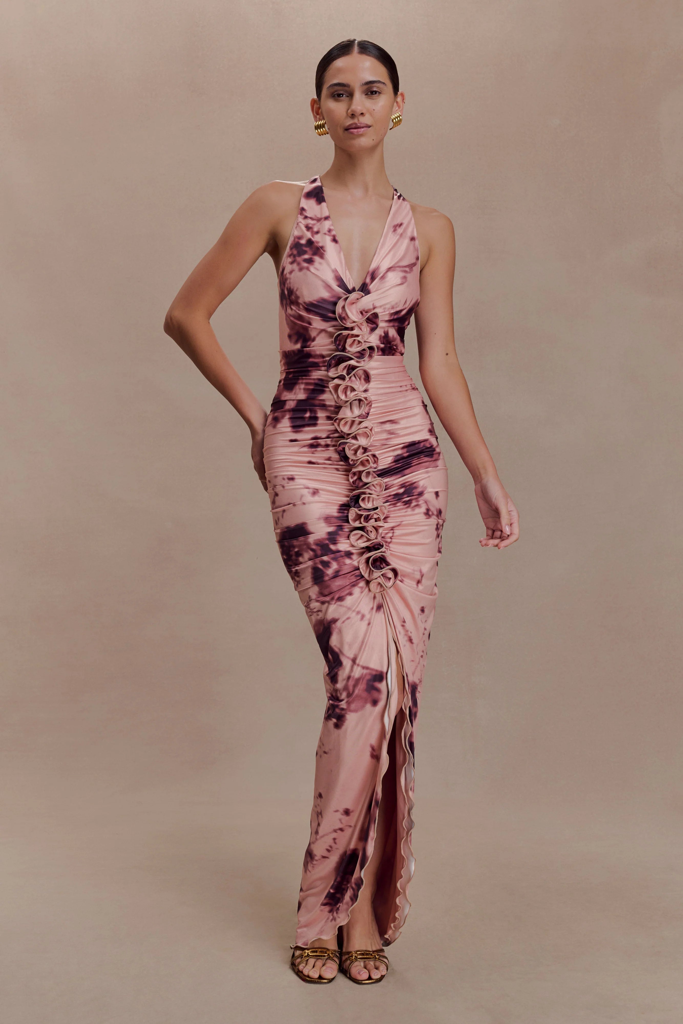 Alessandra Slinky Ruffle Maxi Dress Pink Blurred Floral Print