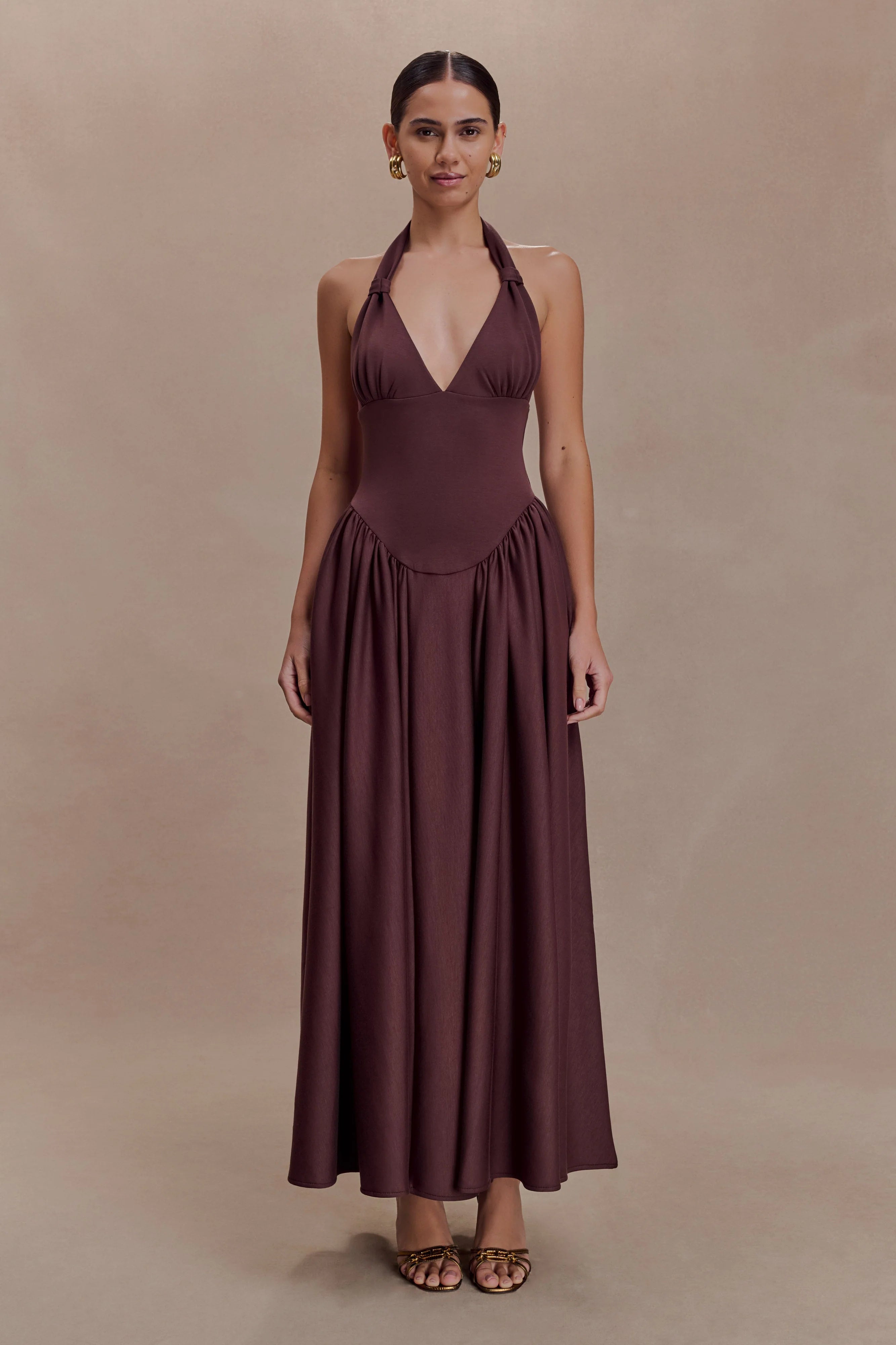 Angelina Scuba Halter Midi Dress Chocolate