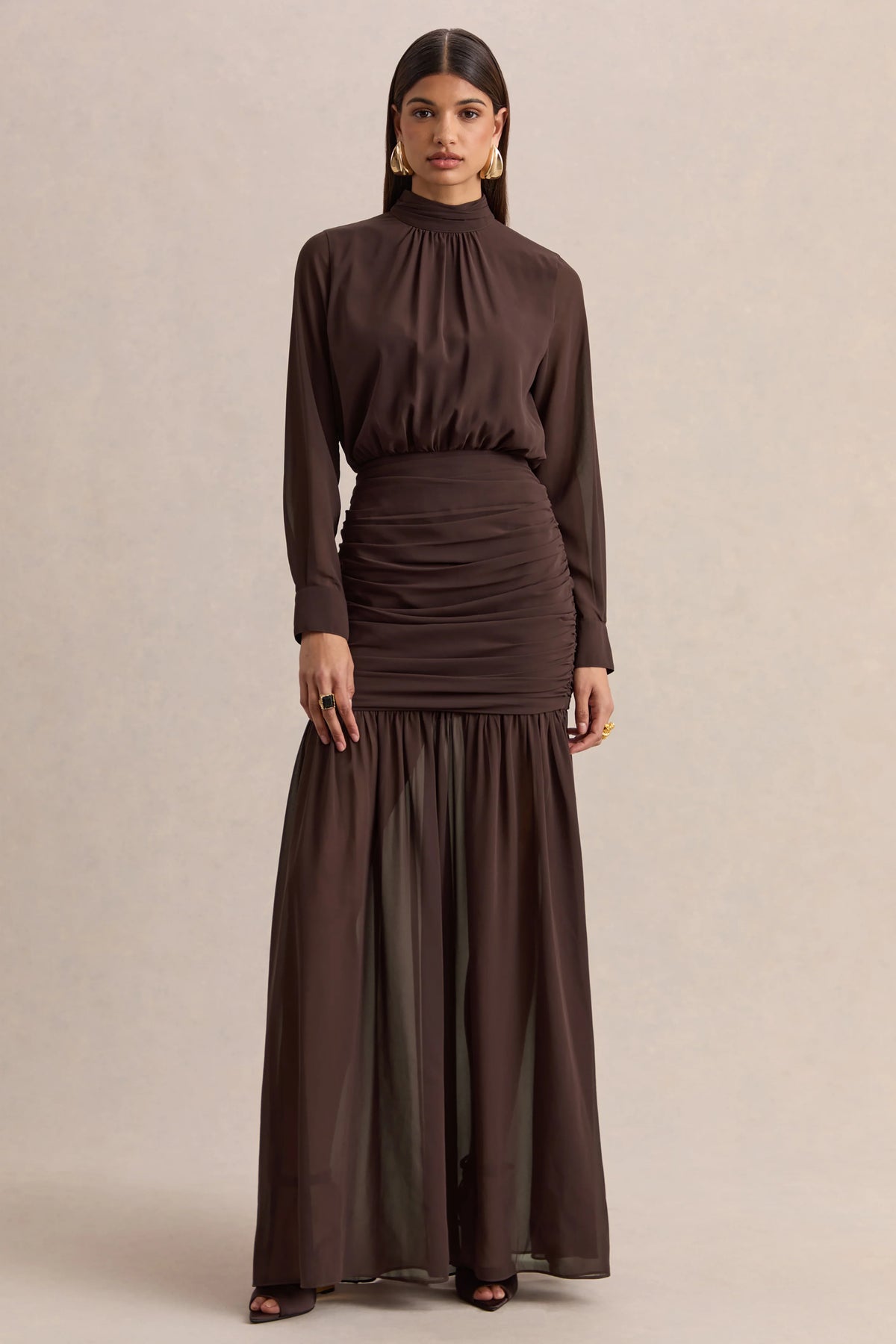 Zella Brown High Neck Maxi Dress With Sheer Skirt