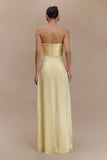 Larissa Satin Maxi Dress With Ruched Petals Lemon
