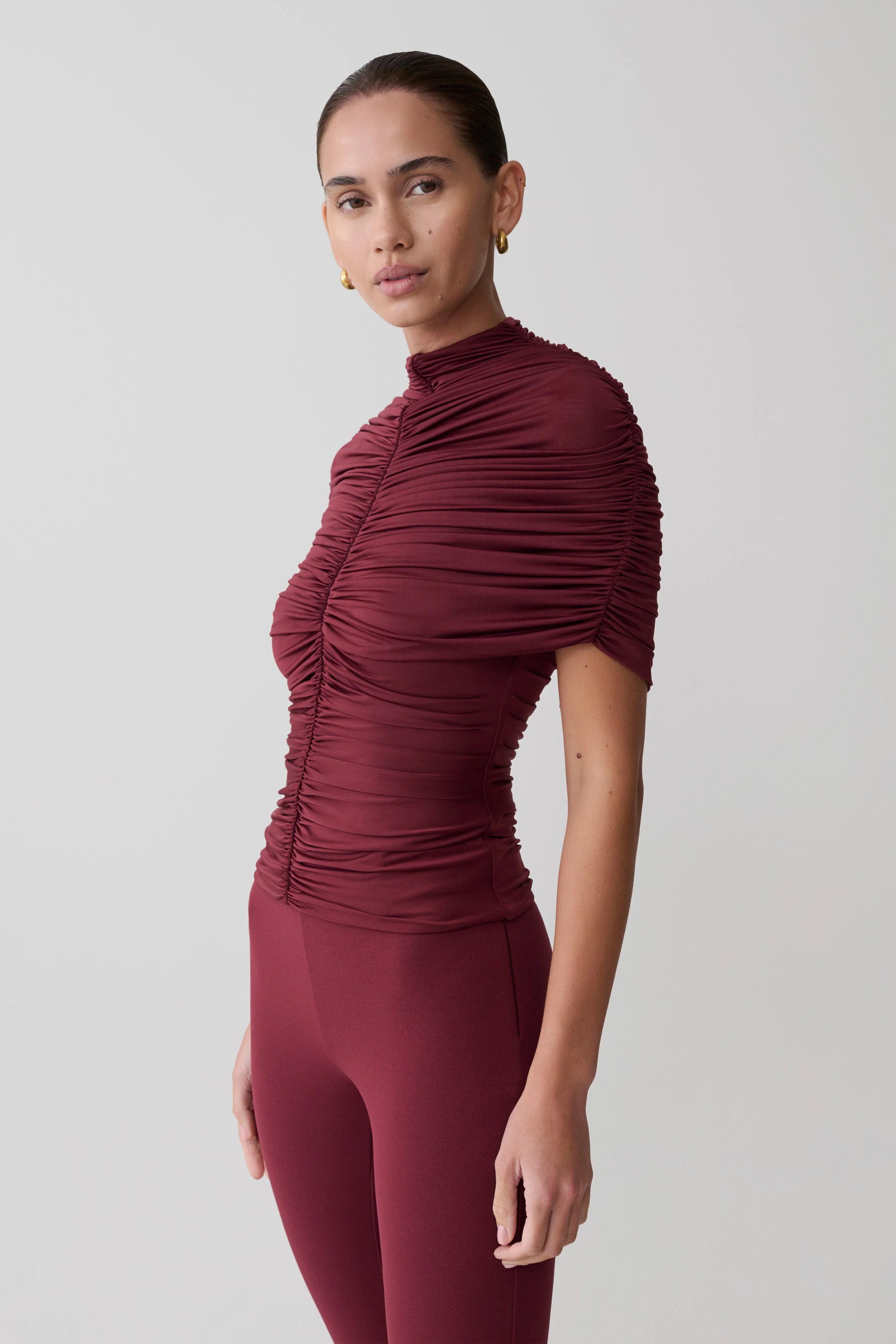 Linh Slinky High Neck Gathered Top Mahogany