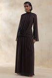 Narella Brown Chiffon High Neck Maxi Dress With Draped Detailing