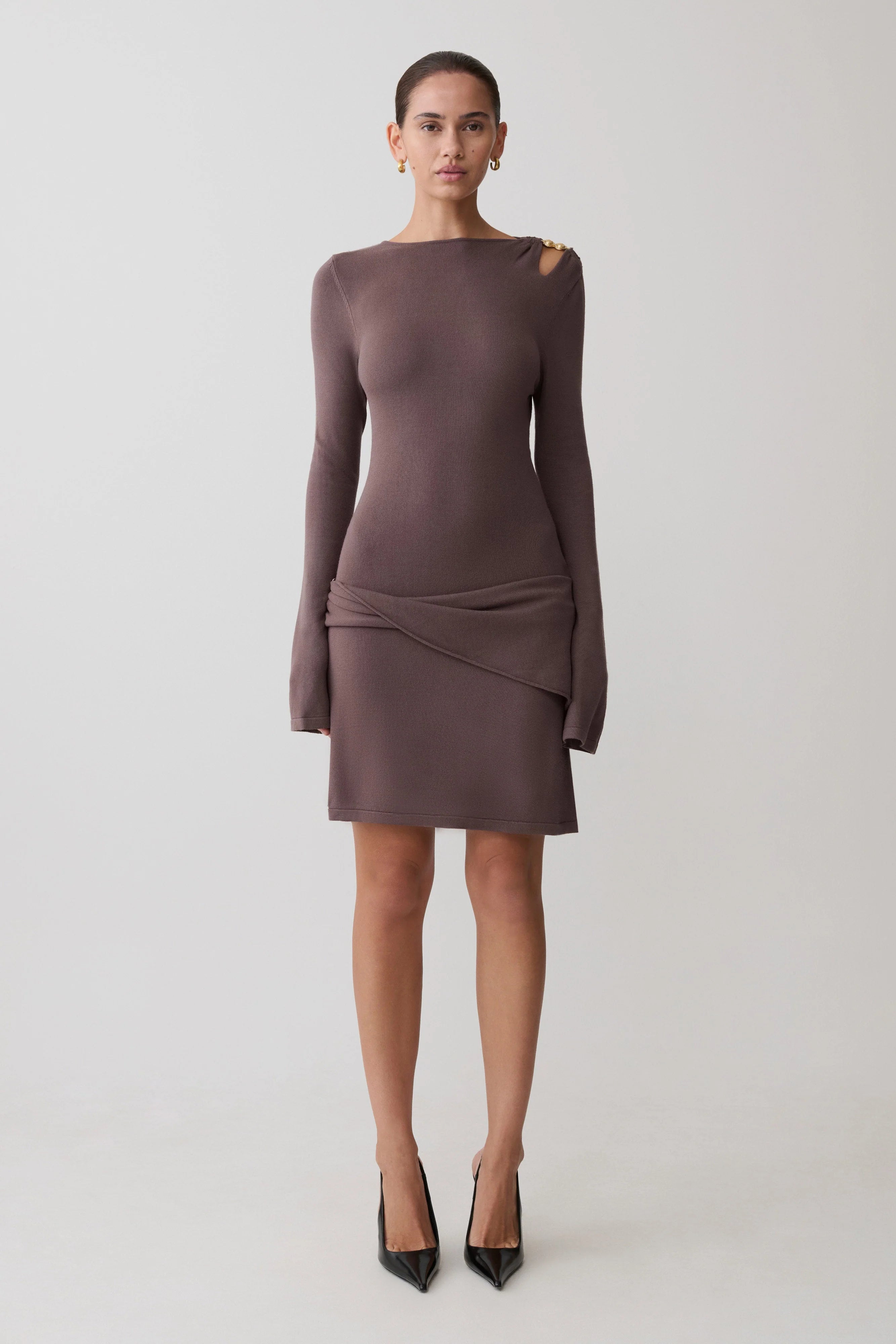 Cresida Knit Long Sleeve Mini Dress With Hardware Peppercorn