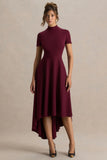 Bellona Burgundy High Neck High Low Midi Dress