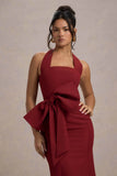 Aman Berry Halter Neck Midi Dress With Oversized Bow