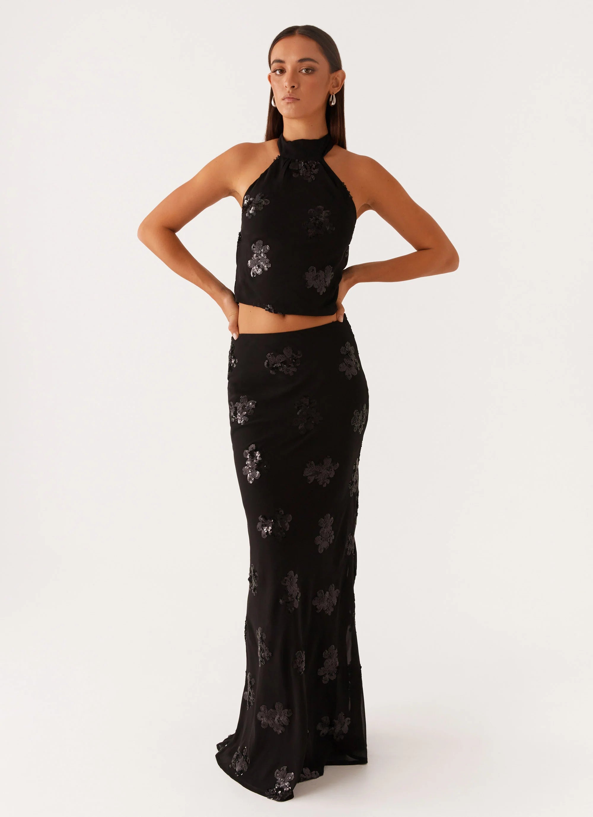 Only Girl Sequin Maxi Skirt Black