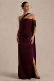 Yazmin Burgundy Satin Asymmetric Maxi Dress With One Sleeve Cape