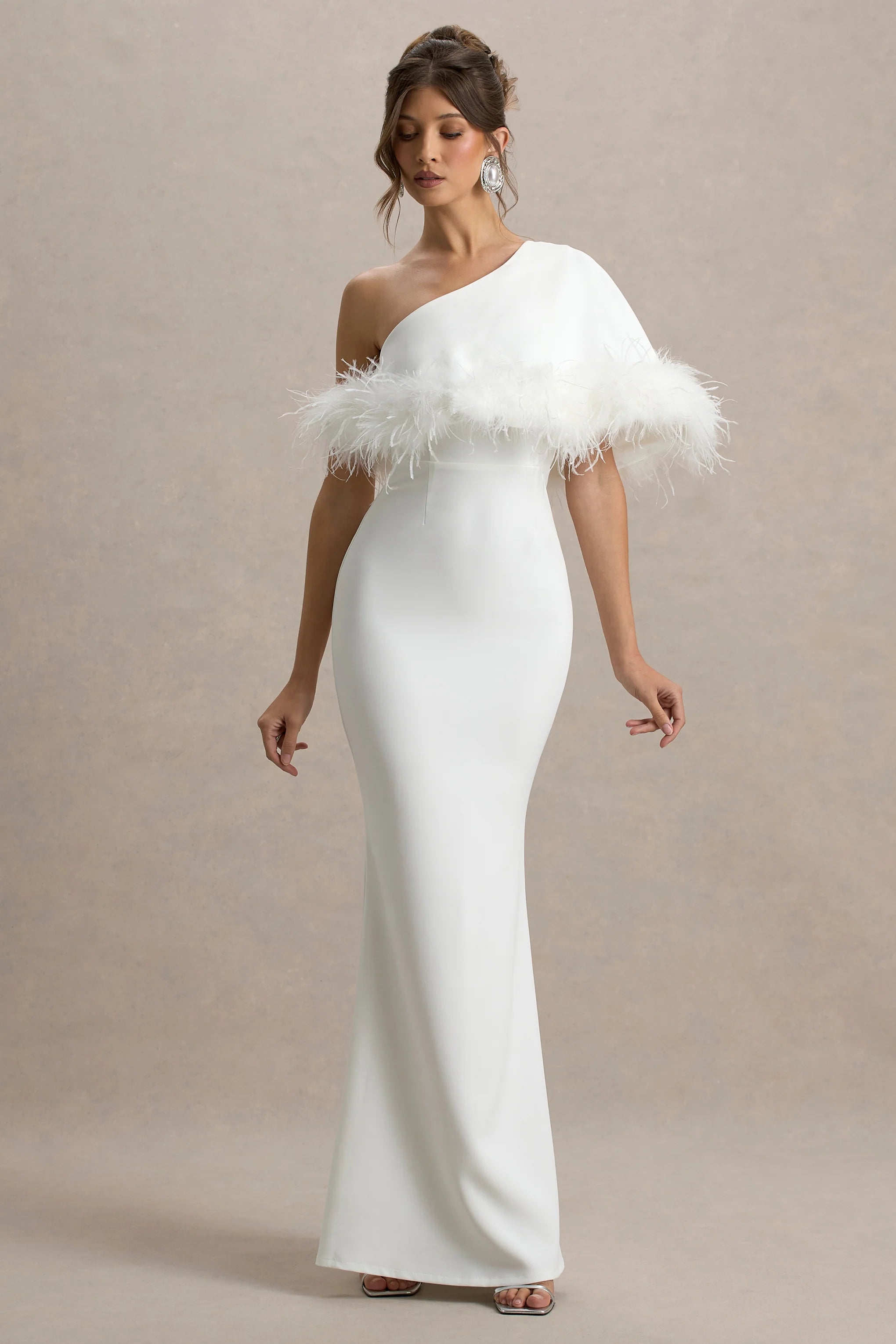 Valor White Asymmetric Maxi Dress With Feather Trim
