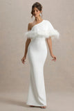 Valor White Asymmetric Maxi Dress With Feather Trim