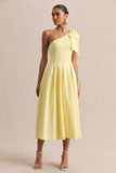 Meria Lemon Asymmetric Neck Midi Dress With Bow Sleeve