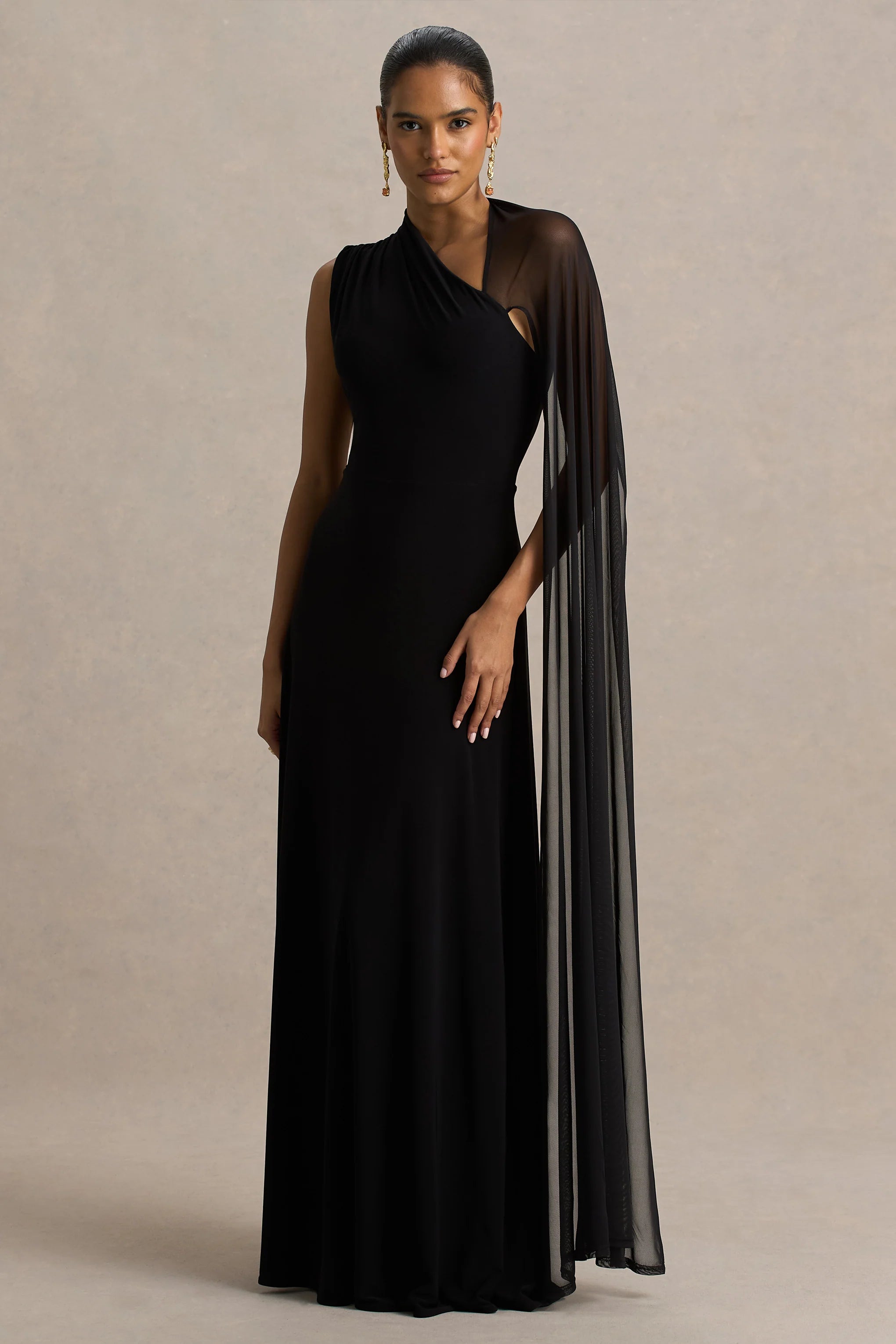 Selena Black High Neck Maxi Dress With Cut Out And Cape Sleeve Detail