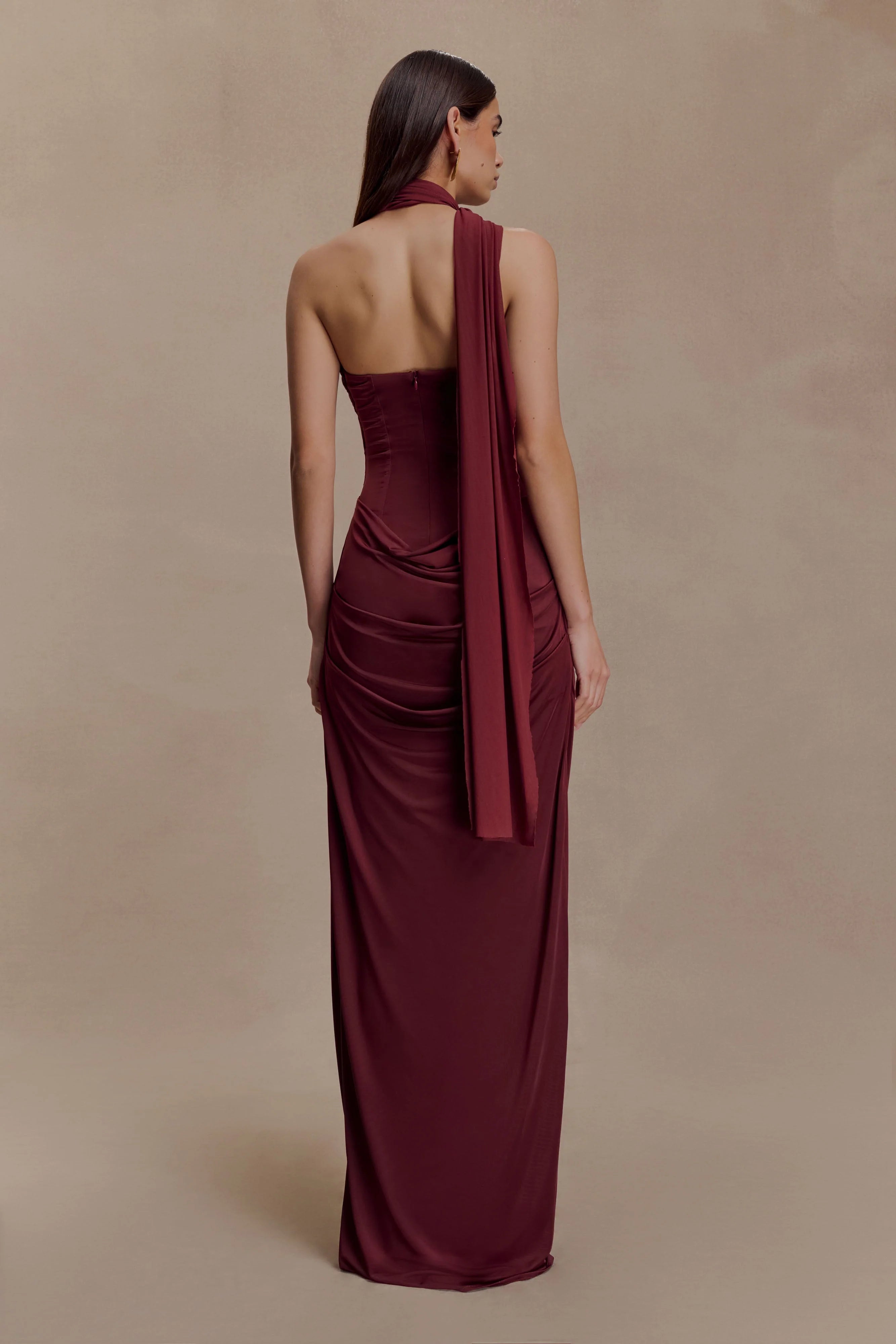 Mattea Slinky And Mesh Maxi Dress With Scarf Burgundy