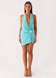 Eleanora Plunge Mini Dress Turquoise