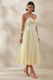 Audrey Lemon Sweetheart Neck Midi Dress With Ruching Detail