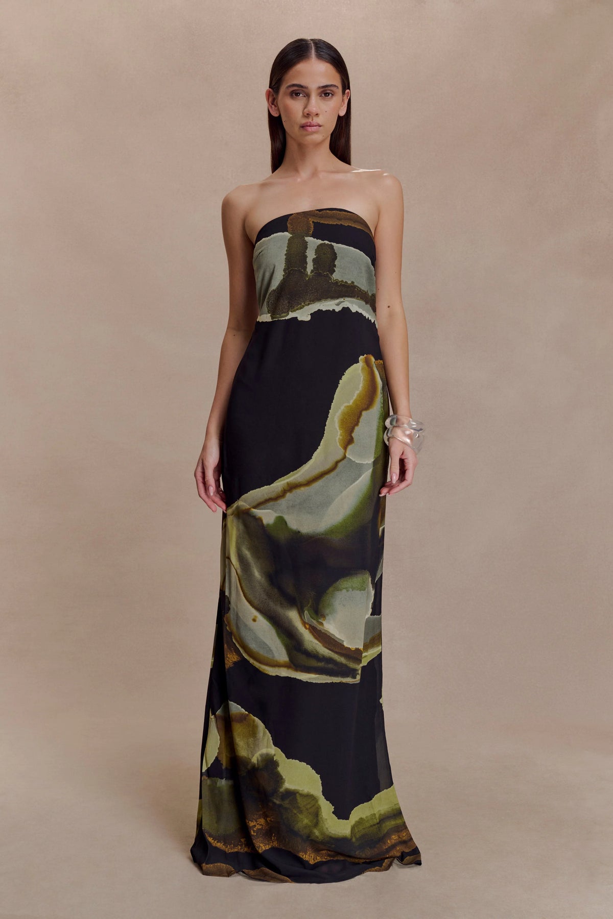 Amaya Strapless Chiffon Maxi Dress Green Fluid Reverie Print