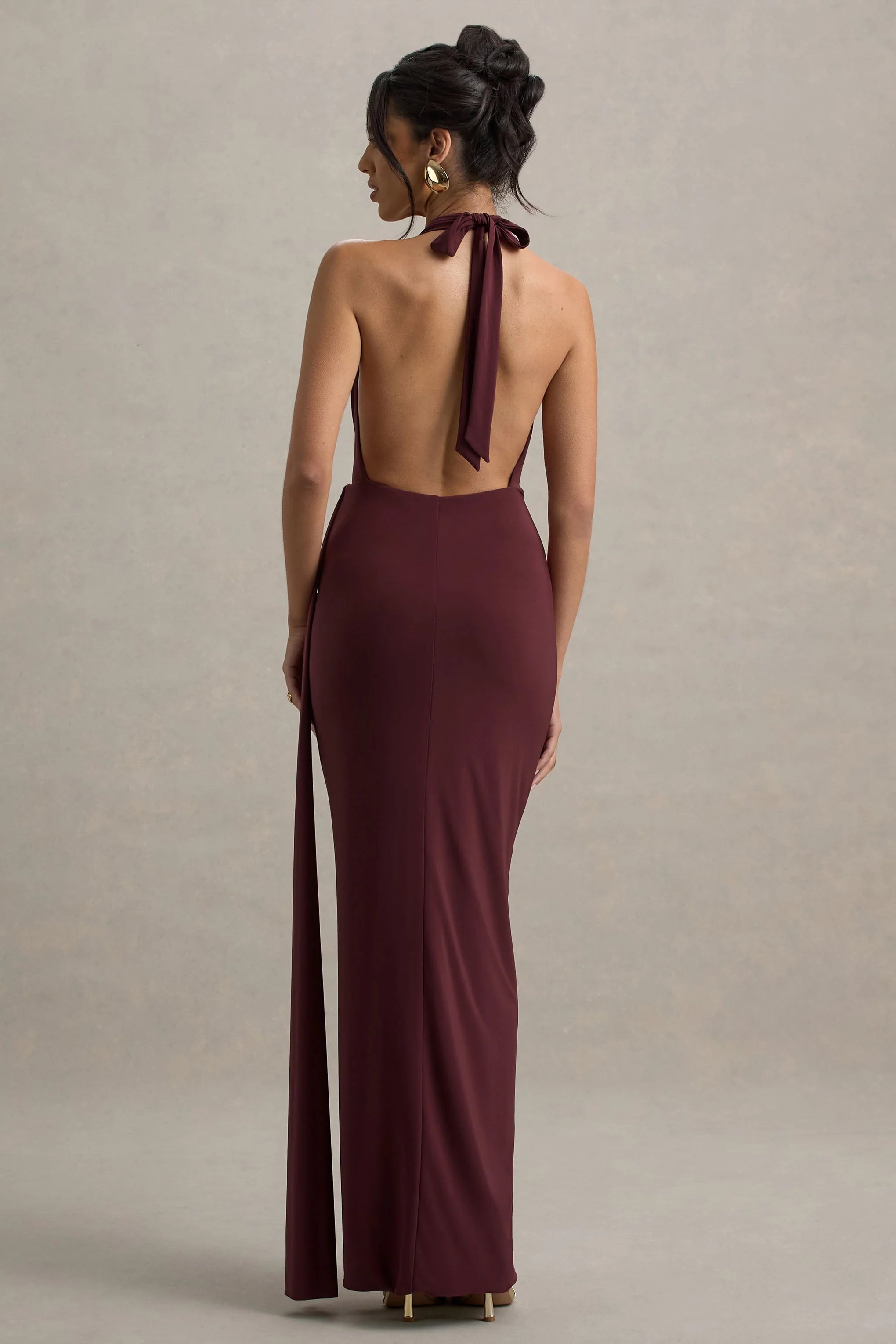Rosina Burgundy Halter Neck Draped Maxi Dress With Sash