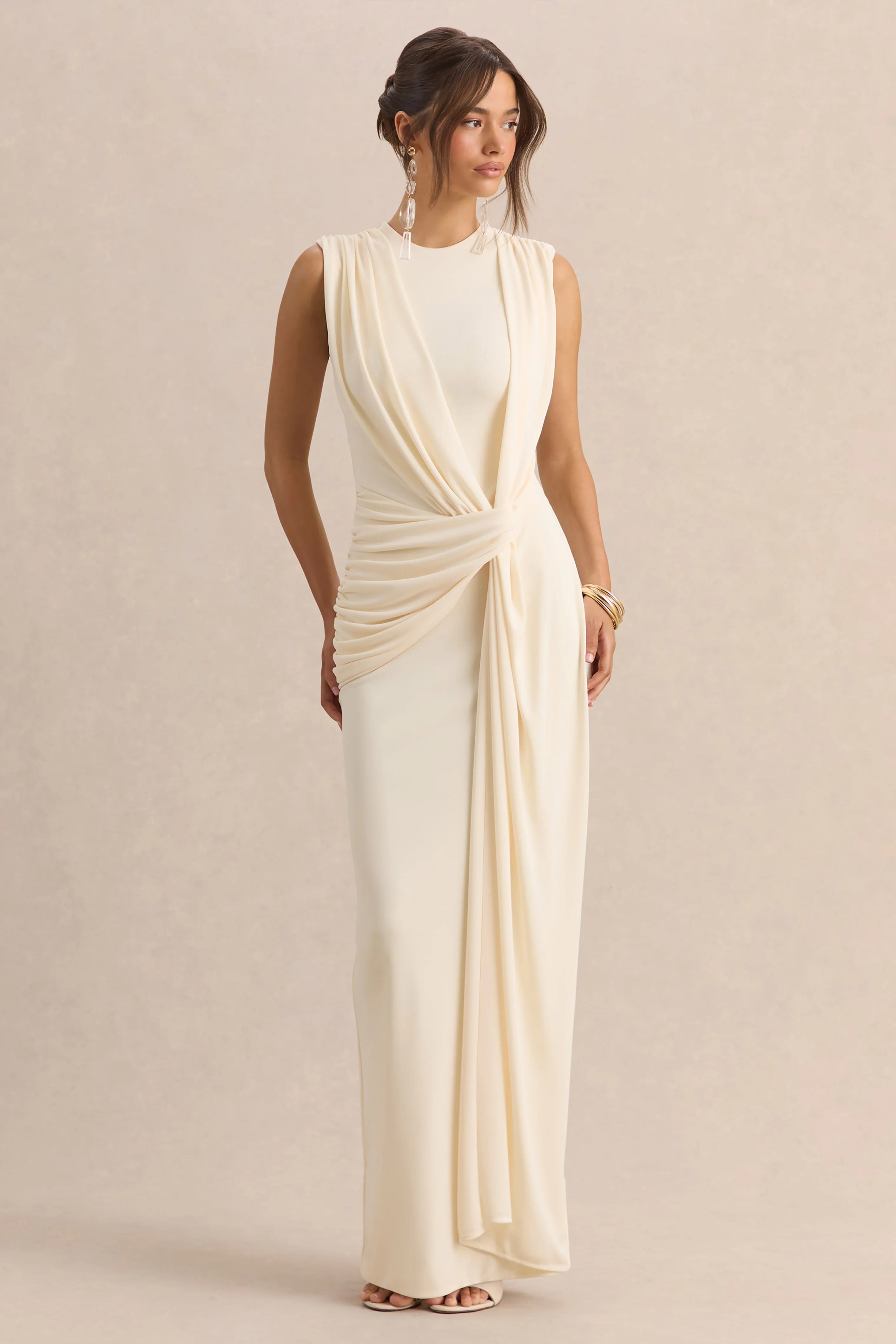 Blythia Cream Round Neck Maxi Dress With Gathered Detailing