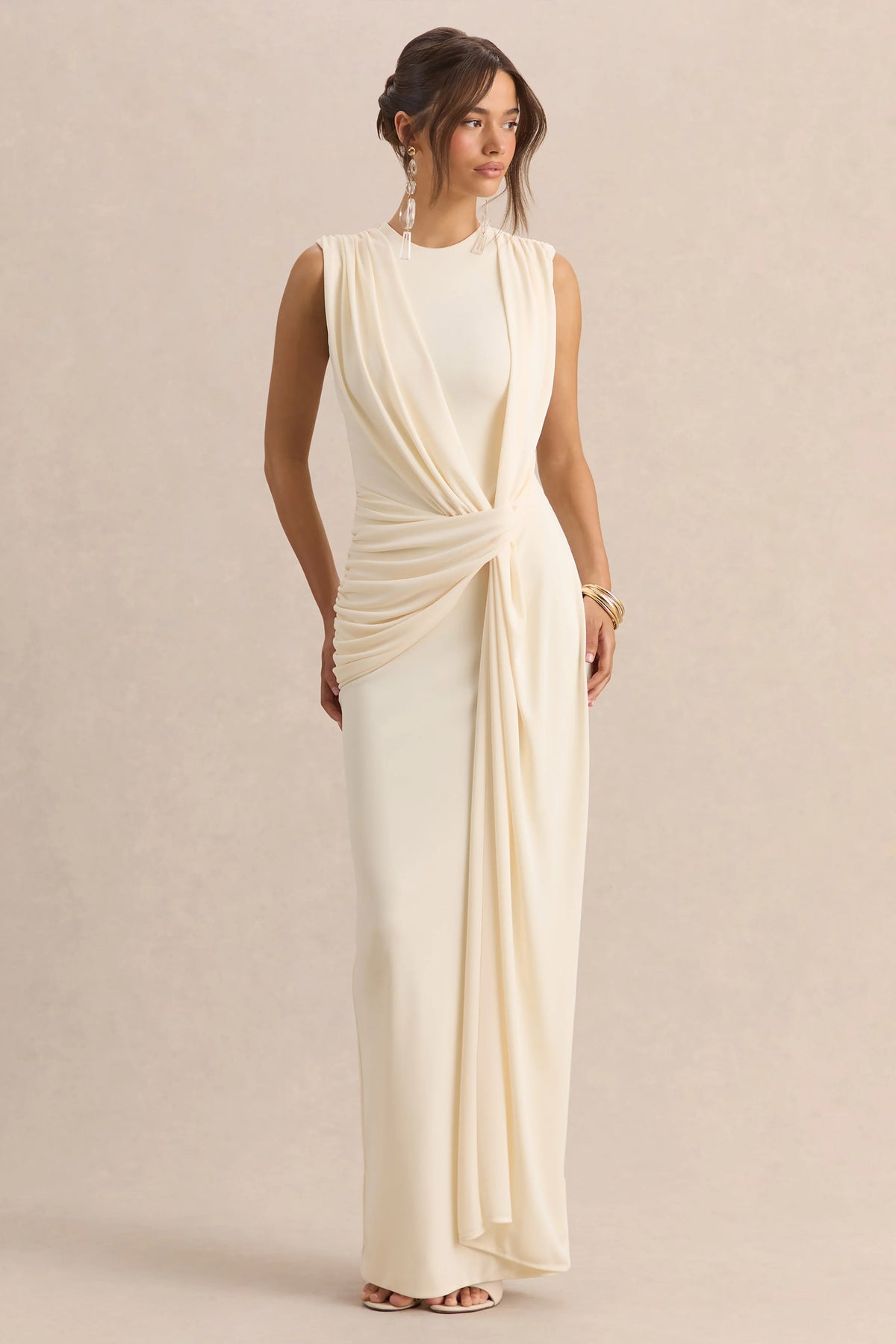 Blythia Cream Round Neck Maxi Dress With Gathered Detailing