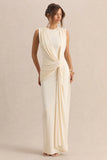 Blythia Cream Round Neck Maxi Dress With Gathered Detailing