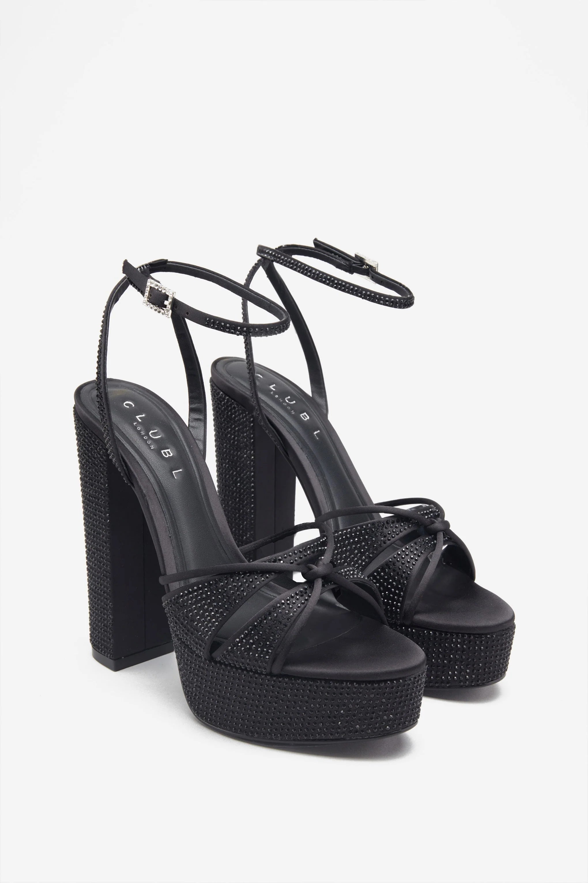 Crystal Cut Black Strappy Heeled Platform Sandals With Diamante Buckles