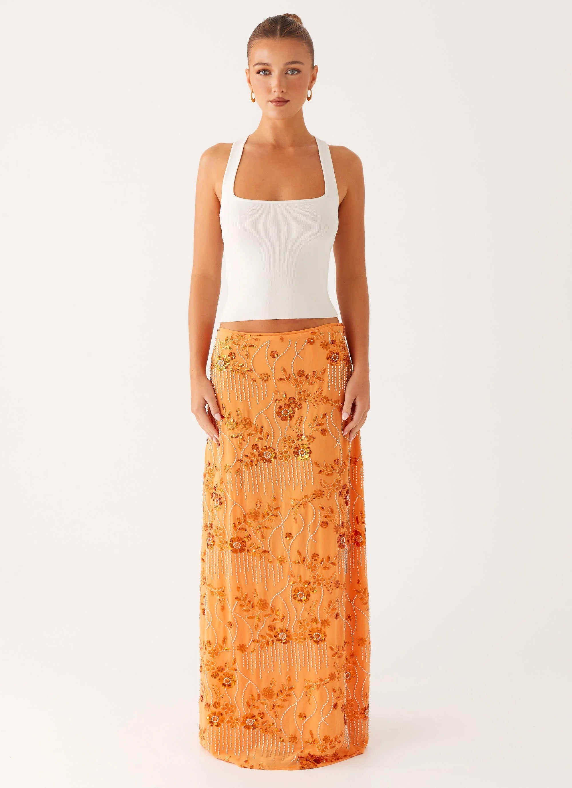 Corinna Low Rise Sequin Maxi Skirt Orange