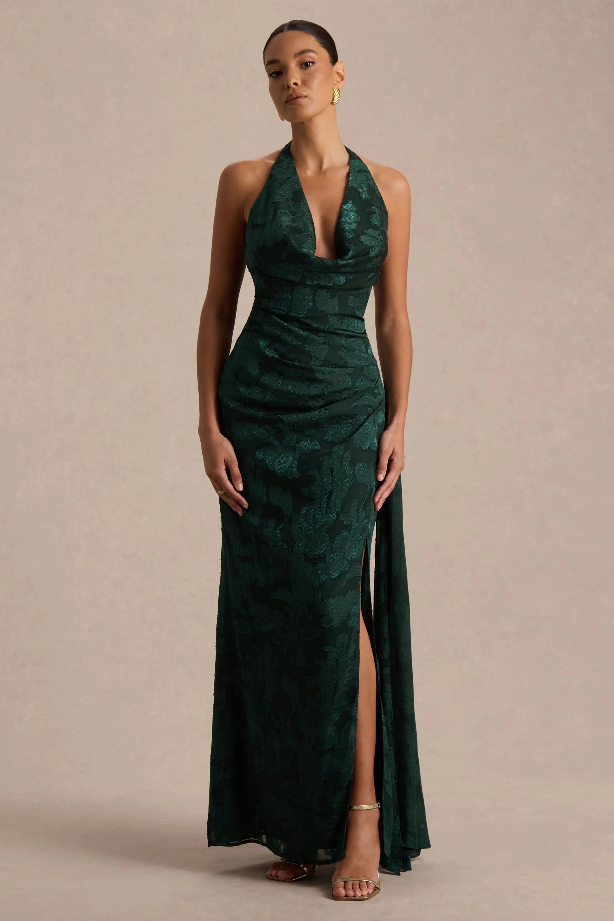 Talula Dark Green Extreme Cowl Neck Maxi Dress With Sash And Front High Split