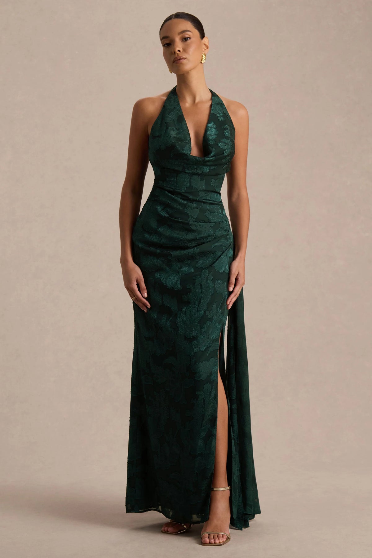 Talula Dark Green Extreme Cowl Neck Maxi Dress With Sash And Front High Split