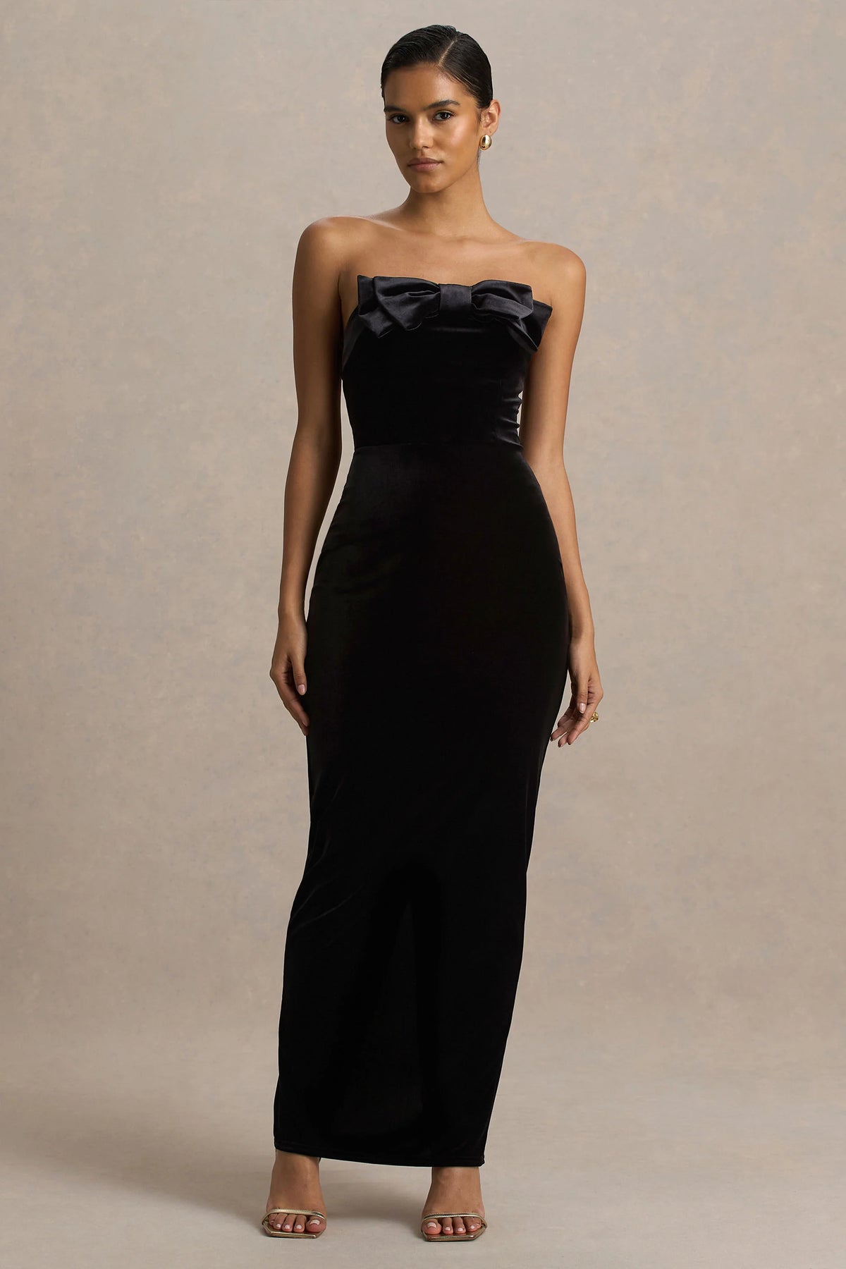 Illusion Black Velvet Bandeau Maxi Dress With Bow Detail