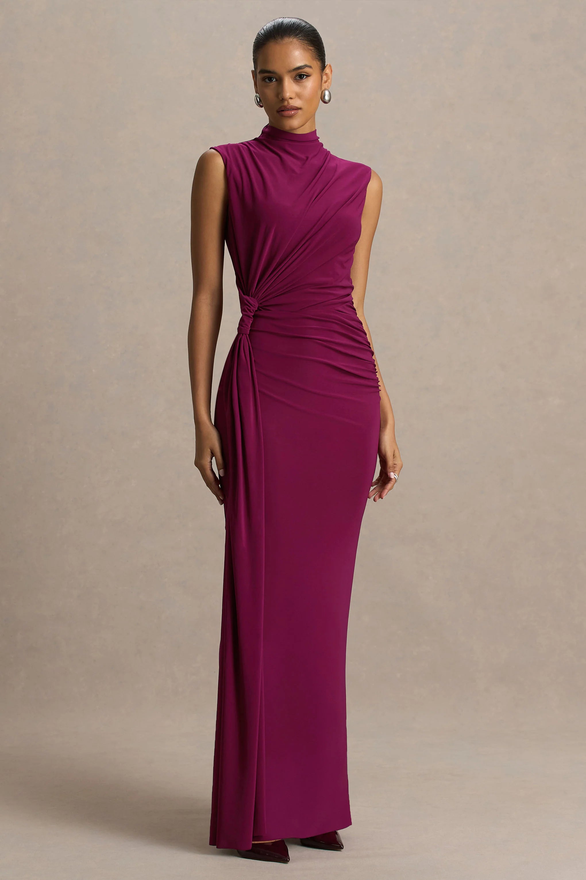 Solene Burgundy High Neck Maxi Dress With Wrap And Drape Detail