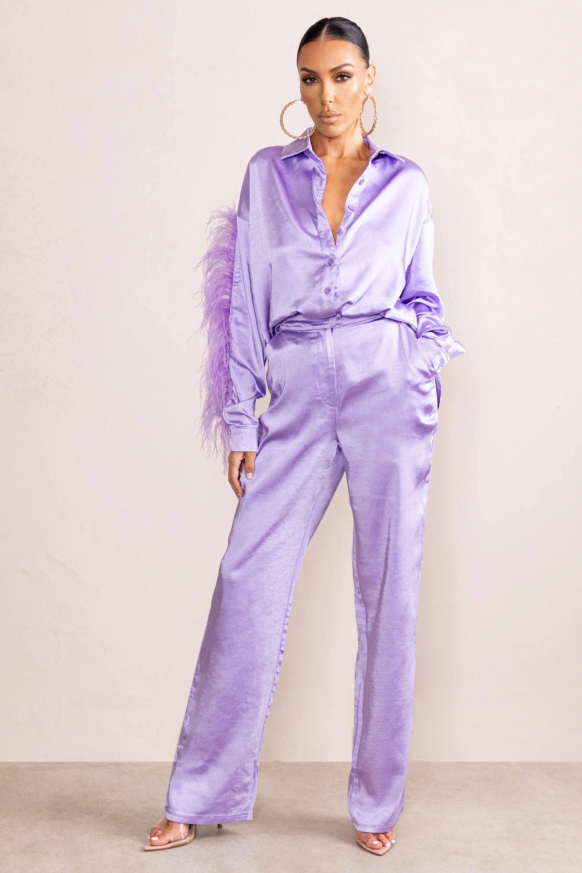 Evening Memories Lilac Satin Wide Leg Trousers