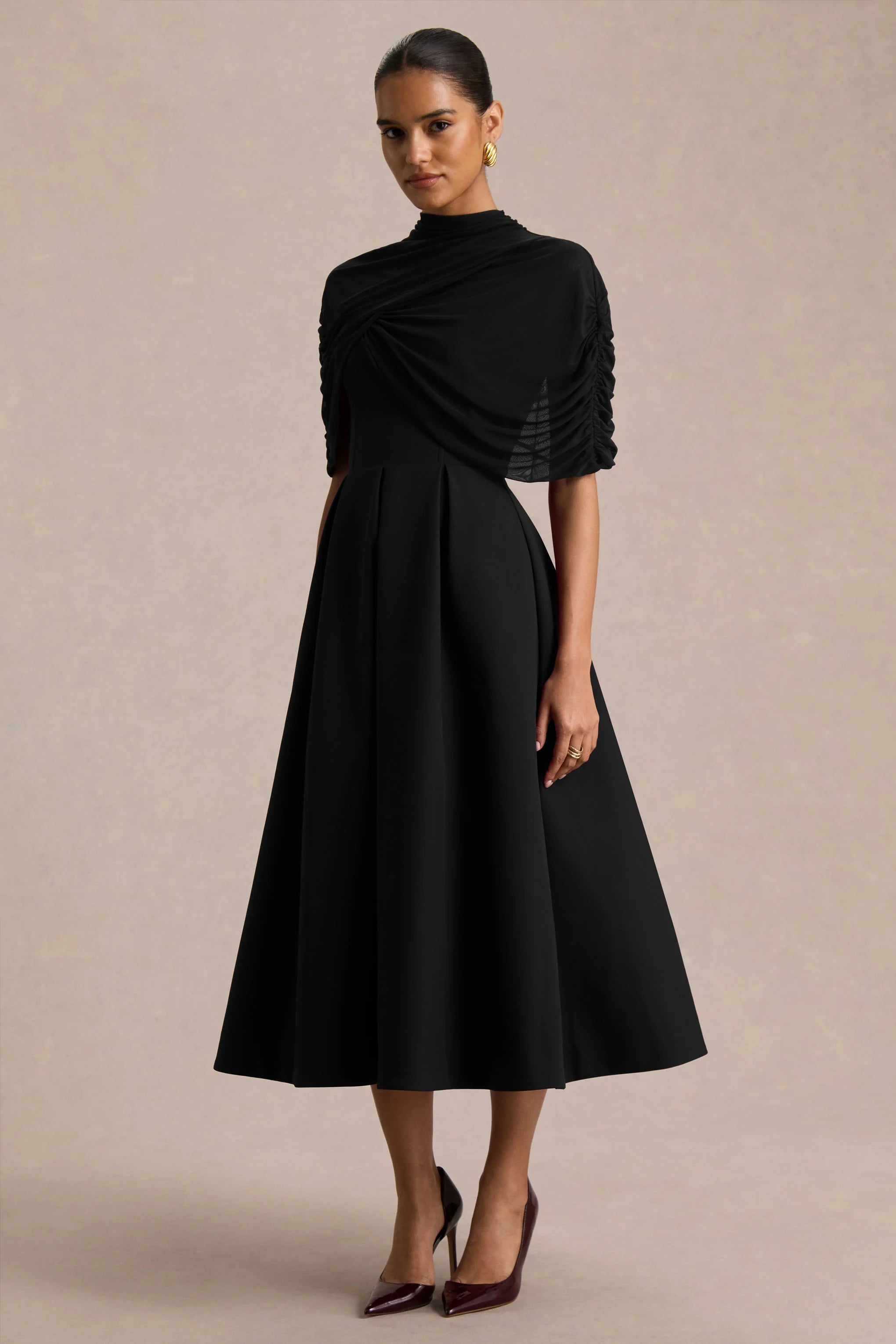 Thalia Black High Neck Midi Dress With Sheer Mesh Cape