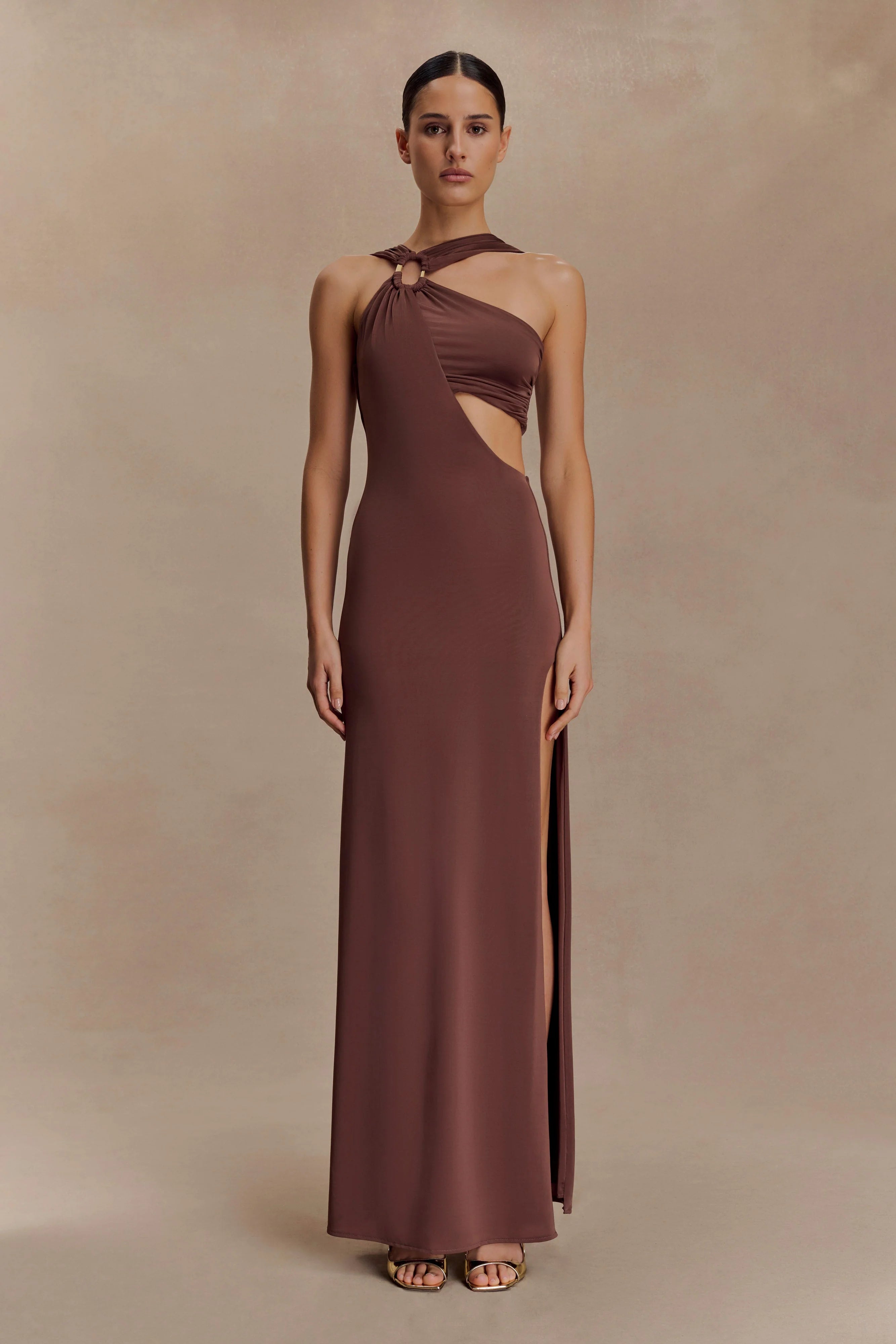 Lottie Slinky Maxi Dress With Split Chocolate