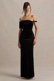 Poised Black Velvet Bardot Neck Maxi Dress With Twist Sleeve