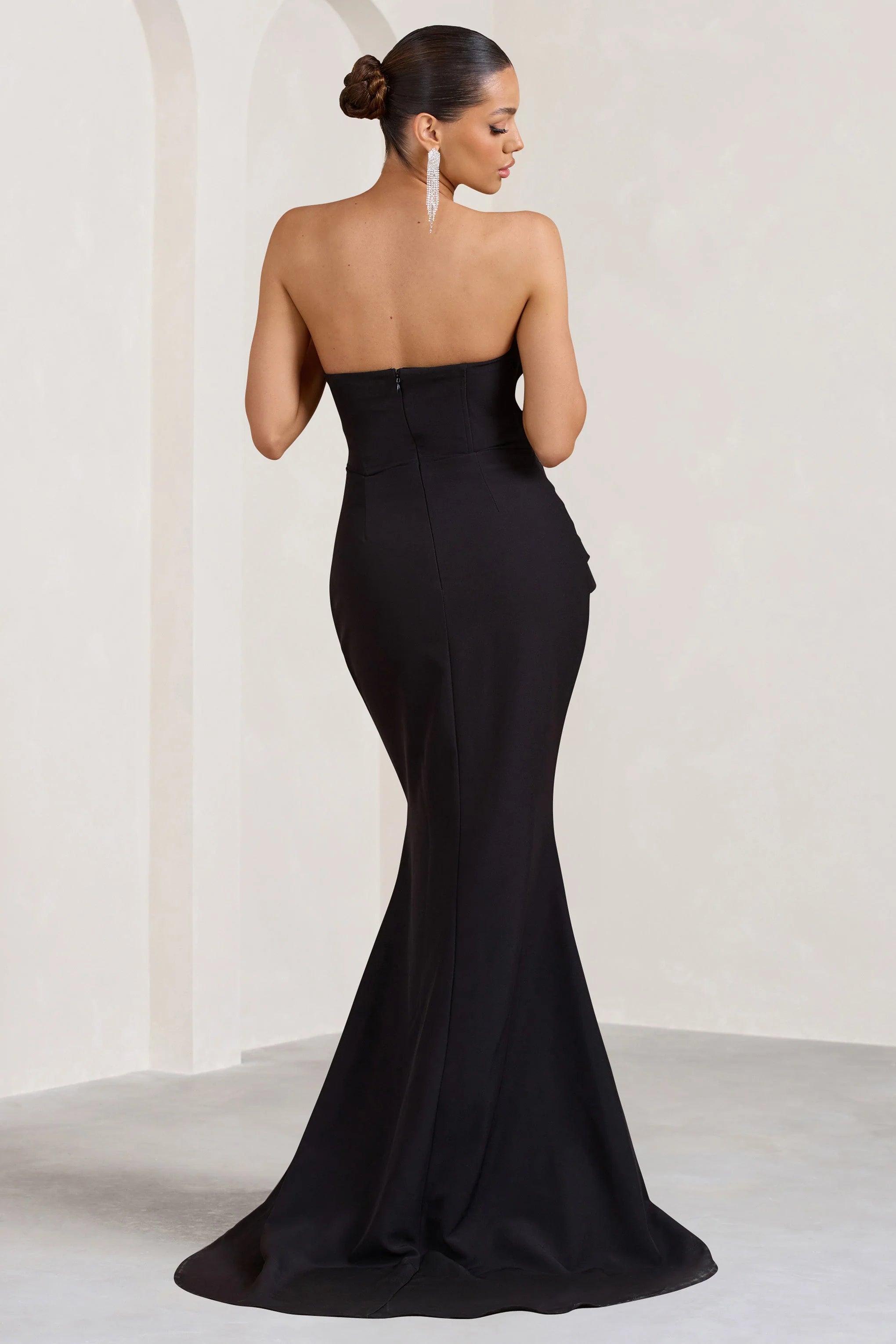 Elene Black Pleated Split Fishtail Maxi Dress