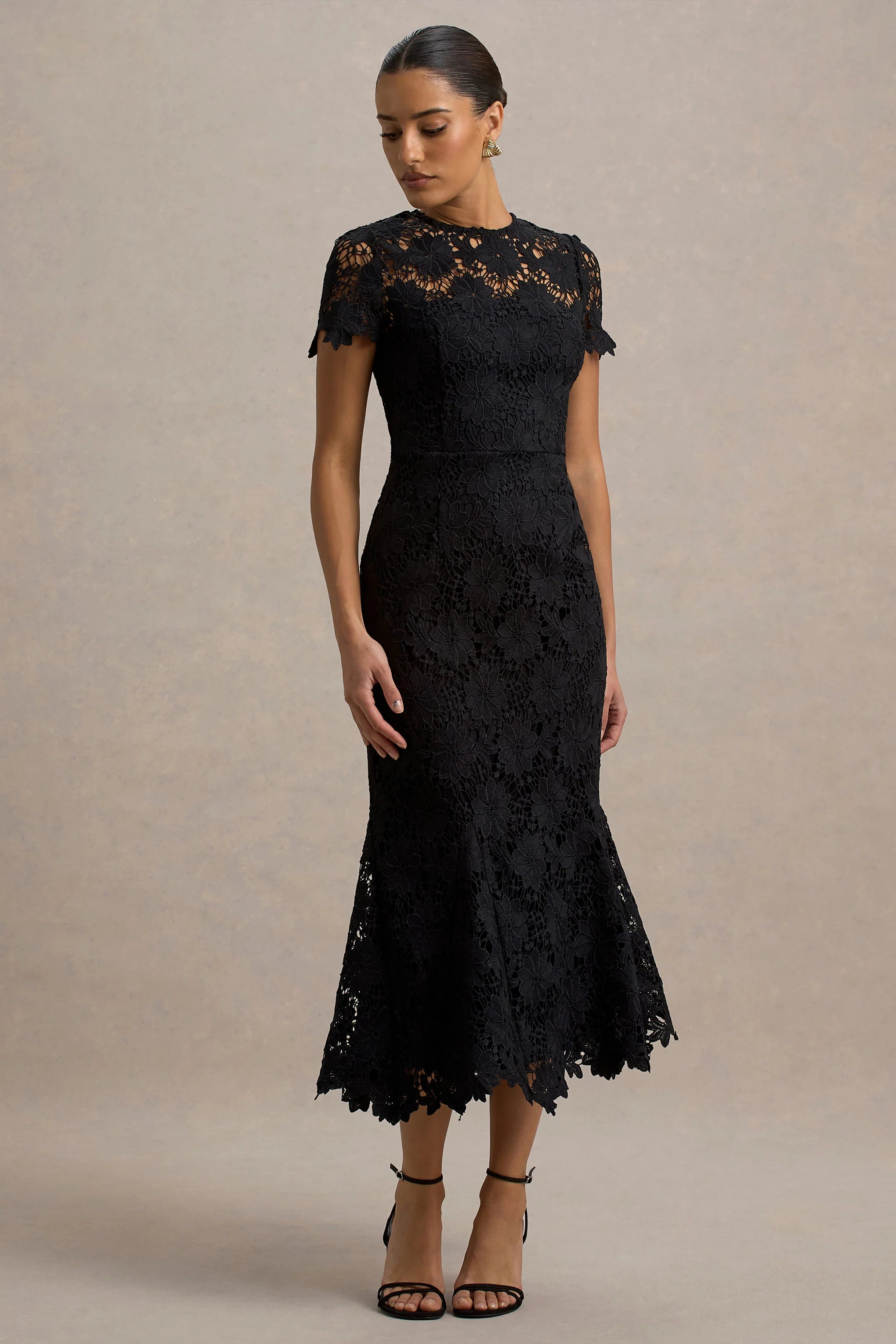 Clarissa Black Lace Short Sleeve Midi Dress