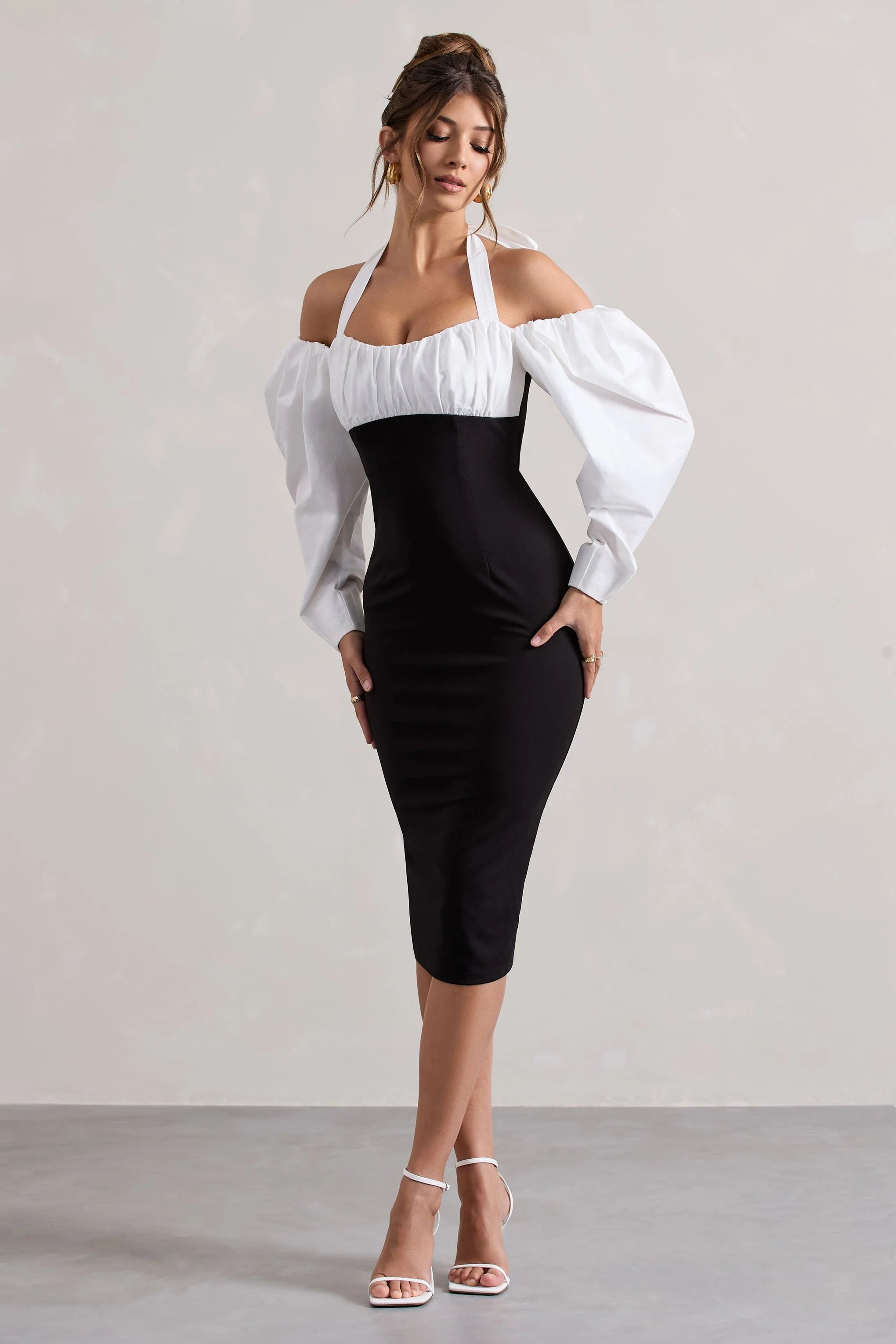 Couture Client Black Halter Neck Puff Sleeve Midi Dress