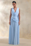 Amelisse Powder Blue Plunge Neck Maxi Dress With Ruched Detailing