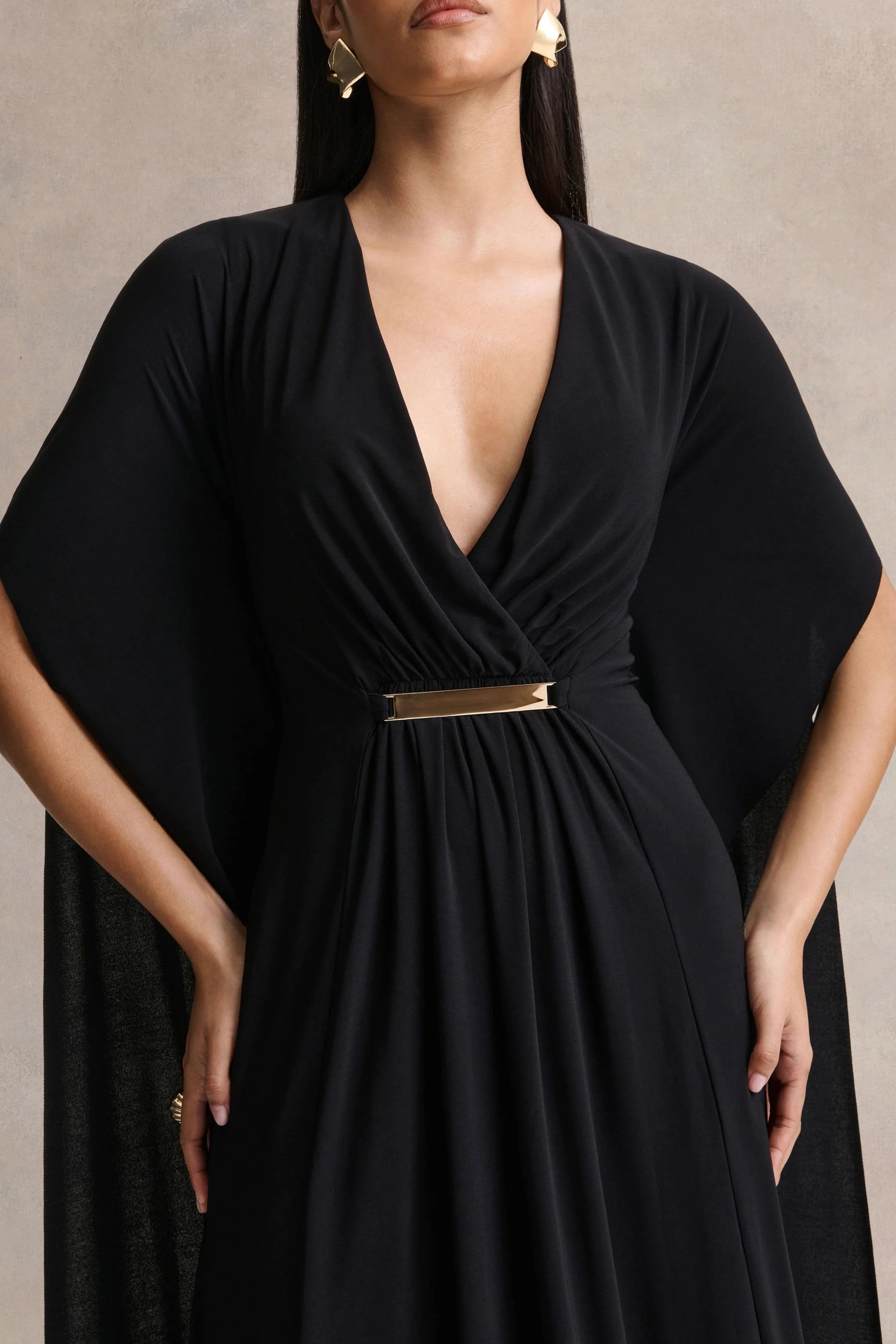 Romilly Black Plunge Neck Maxi Dress With Gathered Detail
