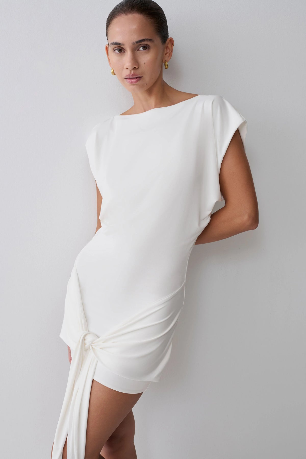 Maiara Shortsleeve Slinky Tie Mini Dress White