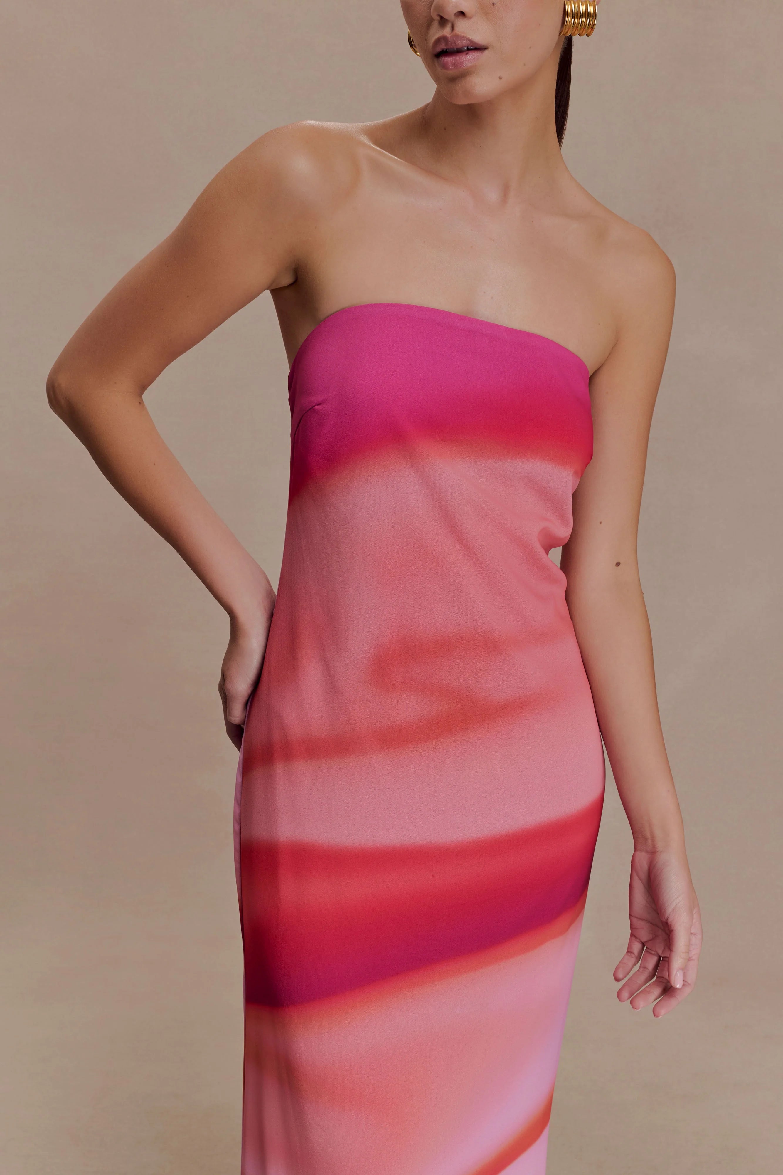 Amaya Strapless Chiffon Maxi Dress Pink Sunset Print
